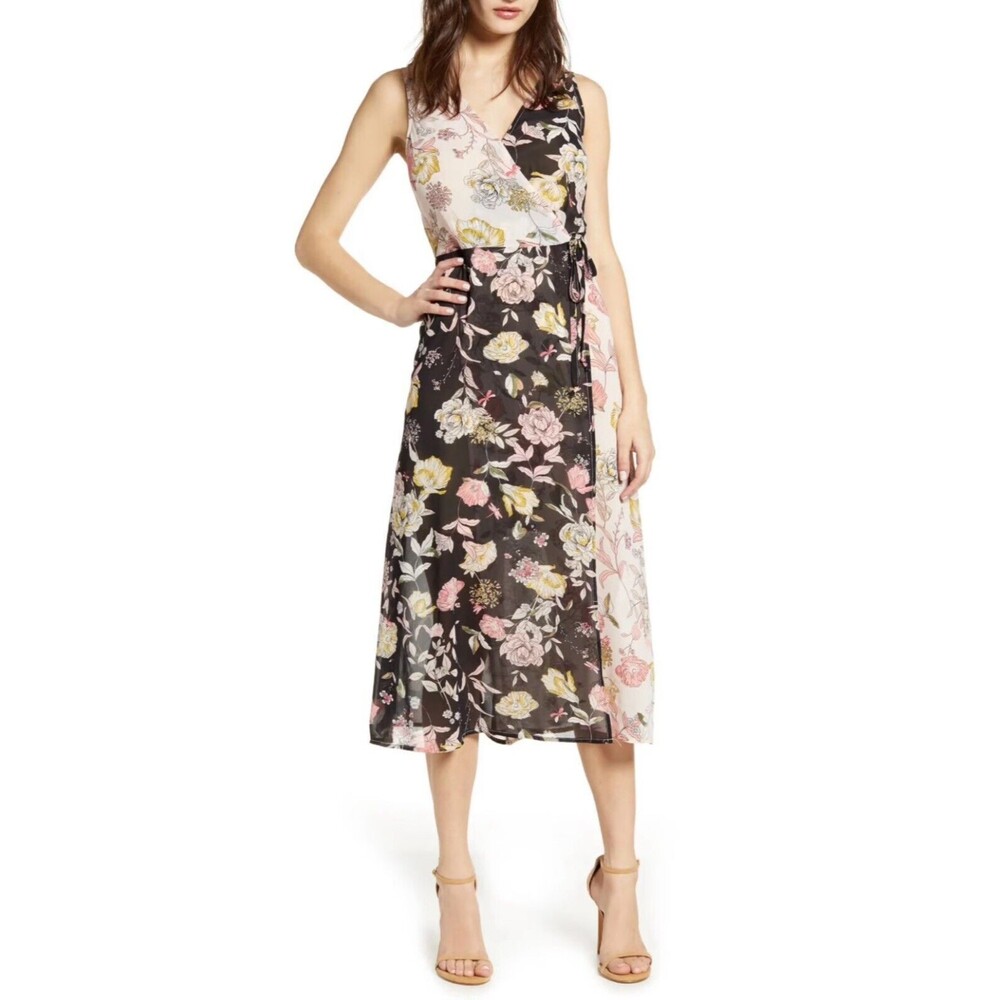 Leith Black Mixed Floral Faux Wrap Dress Sz M Sleeveless Chiffon Midi Nordstrom